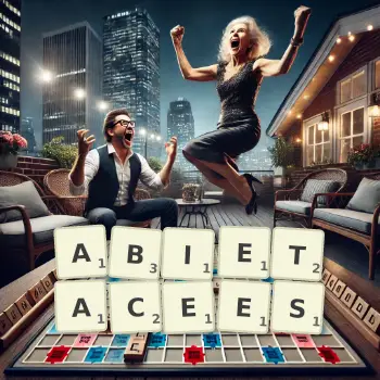 Illustration créative d'un jeu de lettres avec le mot ABIETACEES épelé sur le plateau.