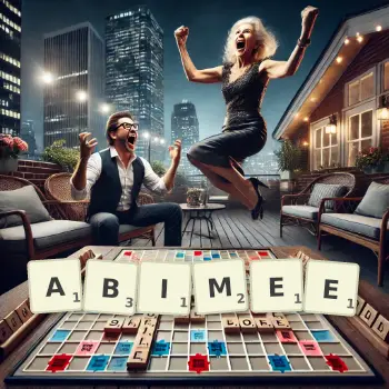 Illustration créative d'un jeu de lettres avec le mot ABIMEE épelé sur le plateau.