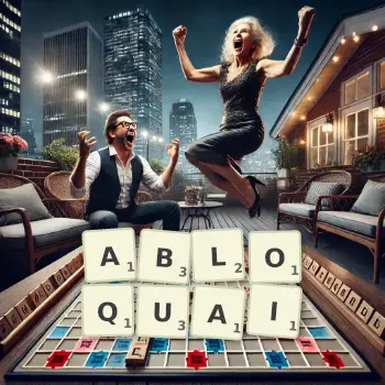 Illustration créative d'un jeu de lettres avec le mot ABLOQUAI épelé sur le plateau.