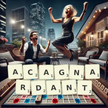 Illustration créative d'un jeu de lettres avec le mot ACAGNARDANT épelé sur le plateau.