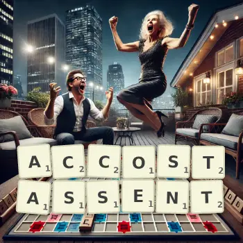 Illustration créative d'un jeu de lettres avec le mot ACCOSTASSENT épelé sur le plateau.