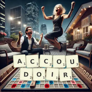 Illustration créative d'un jeu de lettres avec le mot ACCOUDOIR épelé sur le plateau.