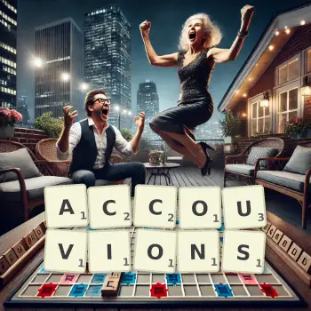 Illustration créative d'un jeu de lettres avec le mot ACCOUVIONS épelé sur le plateau.