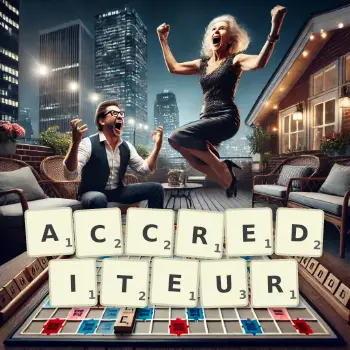 Illustration créative d'un jeu de lettres avec le mot ACCREDITEUR épelé sur le plateau.