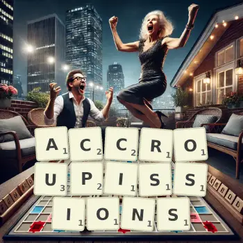 Illustration créative d'un jeu de lettres avec le mot ACCROUPISSIONS épelé sur le plateau.