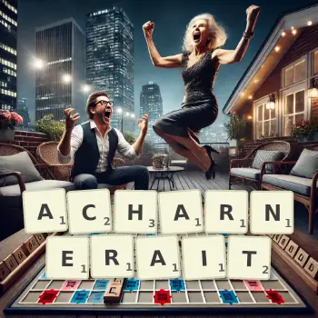Illustration créative d'un jeu de lettres avec le mot ACHARNERAIT épelé sur le plateau.