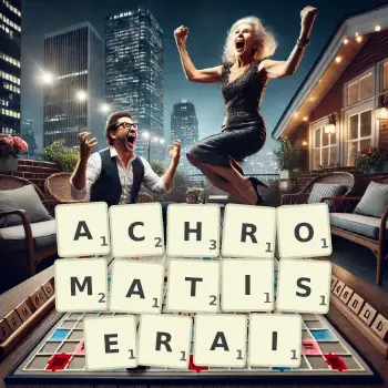 Illustration créative d'un jeu de lettres avec le mot ACHROMATISERAI épelé sur le plateau.