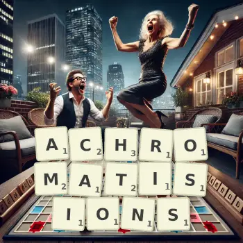 Illustration créative d'un jeu de lettres avec le mot ACHROMATISIONS épelé sur le plateau.