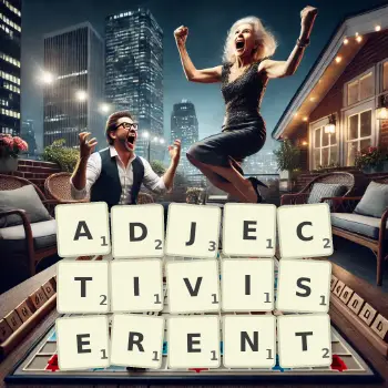 Illustration créative d'un jeu de lettres avec le mot ADJECTIVISERENT épelé sur le plateau.