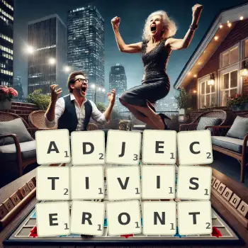 Illustration créative d'un jeu de lettres avec le mot ADJECTIVISERONT épelé sur le plateau.
