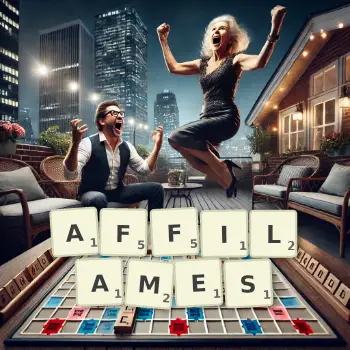 Illustration créative d'un jeu de lettres avec le mot AFFILAMES épelé sur le plateau.