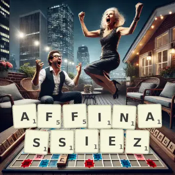 Illustration créative d'un jeu de lettres avec le mot AFFINASSIEZ épelé sur le plateau.