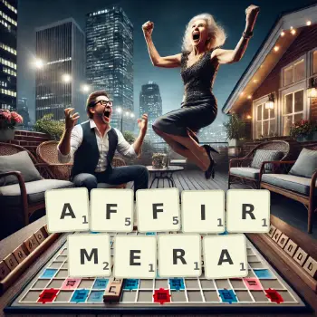 Illustration créative d'un jeu de lettres avec le mot AFFIRMERA épelé sur le plateau.