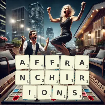 Illustration créative d'un jeu de lettres avec le mot AFFRANCHIRIONS épelé sur le plateau.