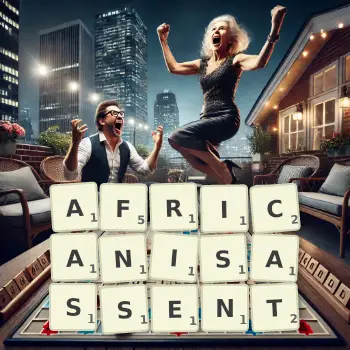 Illustration créative d'un jeu de lettres avec le mot AFRICANISASSENT épelé sur le plateau.