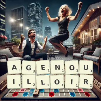 Illustration créative d'un jeu de lettres avec le mot AGENOUILLOIR épelé sur le plateau.