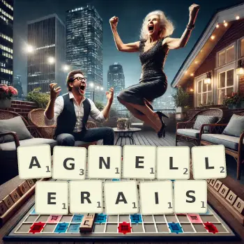 Illustration créative d'un jeu de lettres avec le mot AGNELLERAIS épelé sur le plateau.