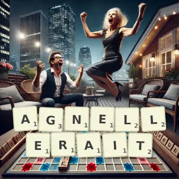 Illustration créative d'un jeu de lettres avec le mot AGNELLERAIT épelé sur le plateau.