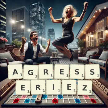 Illustration créative d'un jeu de lettres avec le mot AGRESSERIEZ épelé sur le plateau.