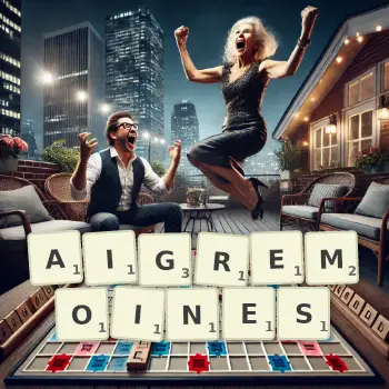 Illustration créative d'un jeu de lettres avec le mot AIGREMOINES épelé sur le plateau.