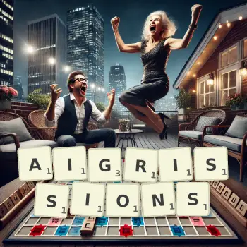 Illustration créative d'un jeu de lettres avec le mot AIGRISSIONS épelé sur le plateau.