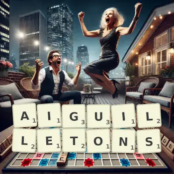 Illustration créative d'un jeu de lettres avec le mot AIGUILLETONS épelé sur le plateau.