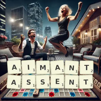 Illustration créative d'un jeu de lettres avec le mot AIMANTASSENT épelé sur le plateau.