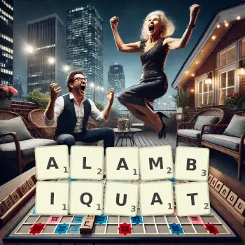 Illustration créative d'un jeu de lettres avec le mot ALAMBIQUAT épelé sur le plateau.