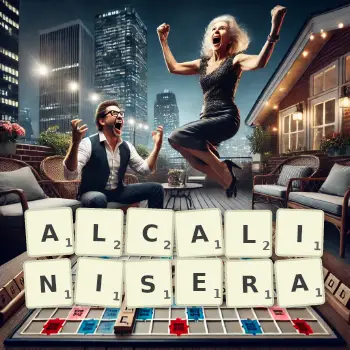 Illustration créative d'un jeu de lettres avec le mot ALCALINISERA épelé sur le plateau.