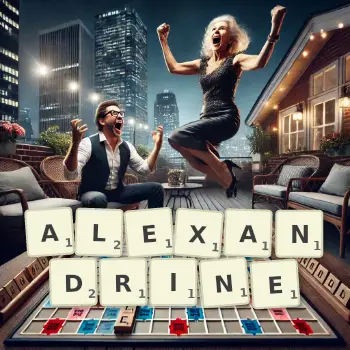 Illustration créative d'un jeu de lettres avec le mot ALEXANDRINE épelé sur le plateau.