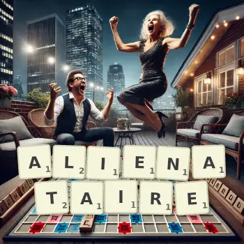 Illustration créative d'un jeu de lettres avec le mot ALIENATAIRE épelé sur le plateau.