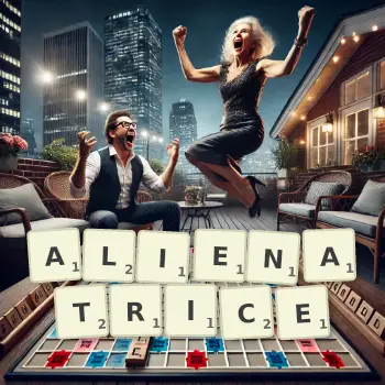 Illustration créative d'un jeu de lettres avec le mot ALIENATRICE épelé sur le plateau.