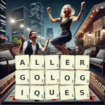 Illustration créative d'un jeu de lettres avec le mot ALLERGOLOGIQUES épelé sur le plateau.