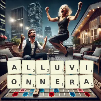 Illustration créative d'un jeu de lettres avec le mot ALLUVIONNERA épelé sur le plateau.