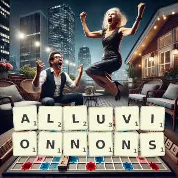 Illustration créative d'un jeu de lettres avec le mot ALLUVIONNONS épelé sur le plateau.