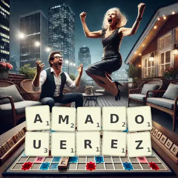 Illustration créative d'un jeu de lettres avec le mot AMADOUEREZ épelé sur le plateau.