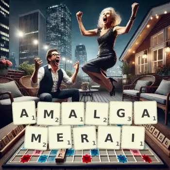 Illustration créative d'un jeu de lettres avec le mot AMALGAMERAI épelé sur le plateau.