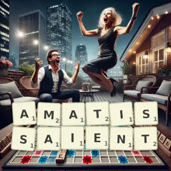Illustration créative d'un jeu de lettres avec le mot AMATISSAIENT épelé sur le plateau.