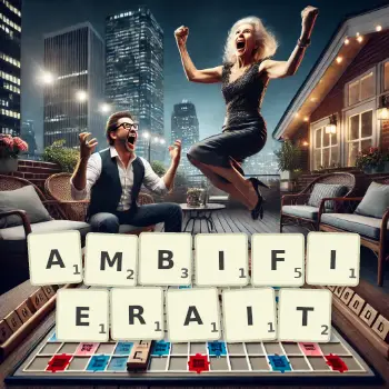 Illustration créative d'un jeu de lettres avec le mot AMBIFIERAIT épelé sur le plateau.