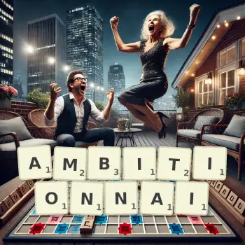 Illustration créative d'un jeu de lettres avec le mot AMBITIONNAI épelé sur le plateau.