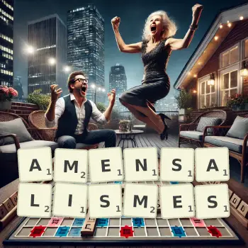 Illustration créative d'un jeu de lettres avec le mot AMENSALISMES épelé sur le plateau.