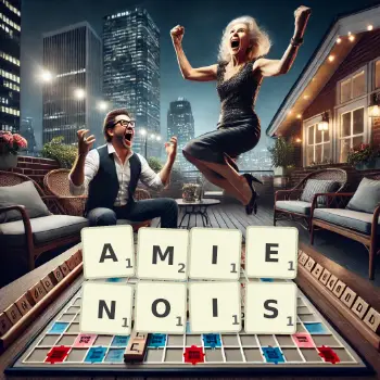 Illustration créative d'un jeu de lettres avec le mot AMIENOIS épelé sur le plateau.