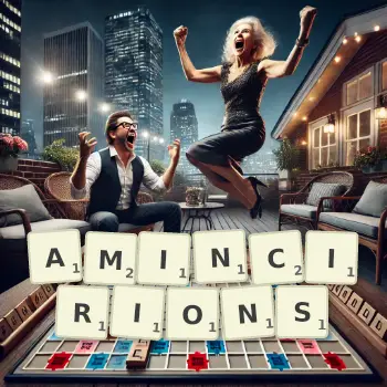 Illustration créative d'un jeu de lettres avec le mot AMINCIRIONS épelé sur le plateau.