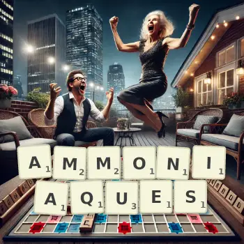 Illustration créative d'un jeu de lettres avec le mot AMMONIAQUES épelé sur le plateau.