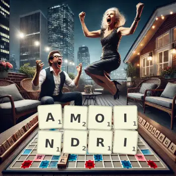 Illustration créative d'un jeu de lettres avec le mot AMOINDRI épelé sur le plateau.