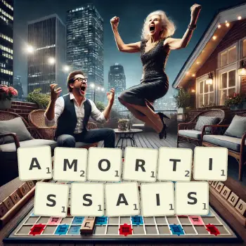 Illustration créative d'un jeu de lettres avec le mot AMORTISSAIS épelé sur le plateau.