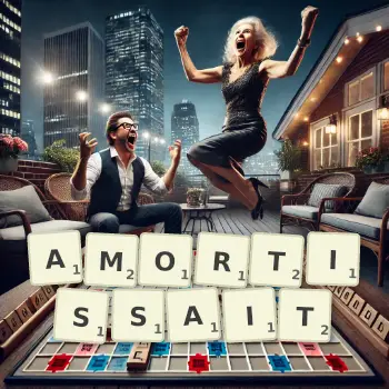 Illustration créative d'un jeu de lettres avec le mot AMORTISSAIT épelé sur le plateau.