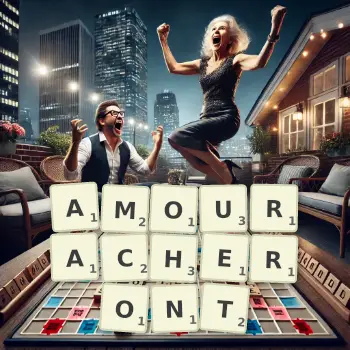 Illustration créative d'un jeu de lettres avec le mot AMOURACHERONT épelé sur le plateau.