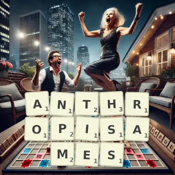 Illustration créative d'un jeu de lettres avec le mot ANTHROPISAMES épelé sur le plateau.