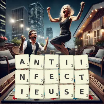 Illustration créative d'un jeu de lettres avec le mot ANTIINFECTIEUSE épelé sur le plateau.